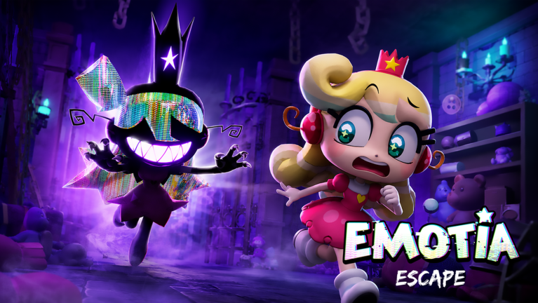 A crowned EMOTIA Escape character fleeing a glitching black figure in a toy-filled prison room