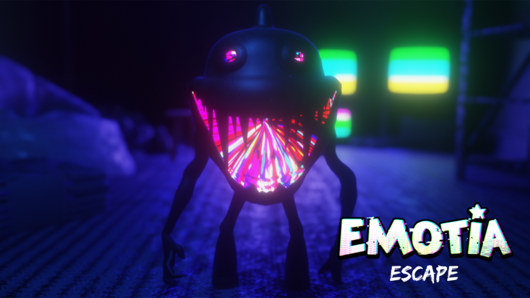 A small black corrupted figure with a bright multicolored mouth in a dark EMOTIA Escape corridor